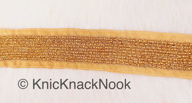 Wholesale Beige Art Silk Fabric Trim With Gold Bugle Beads Embellishments And Gold Embroidery, Beaded Trim,